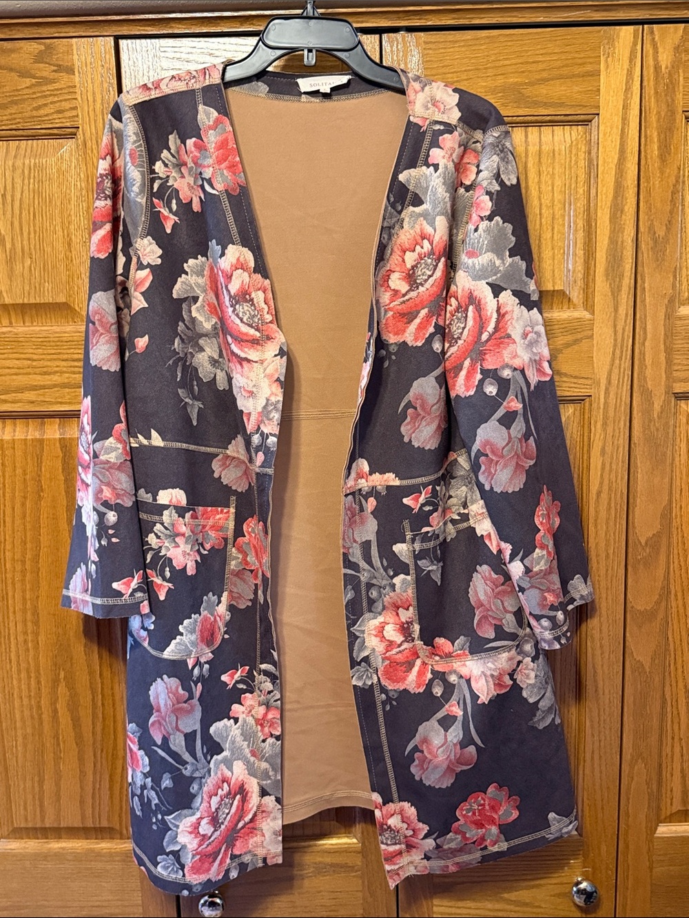 Floral Open-Front Women’s Robe/Cardigan in Navy with Pink Roses- 35” Length